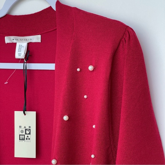 Max Studio Knit Cardigan Pearls Embellished Open Front Long Sleeves Red Ribbed - Picture 8 of 14